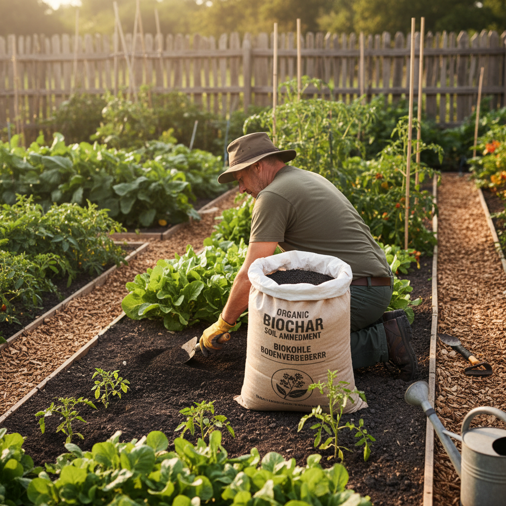 Application de biochar organique dans un jardin potager de légumes