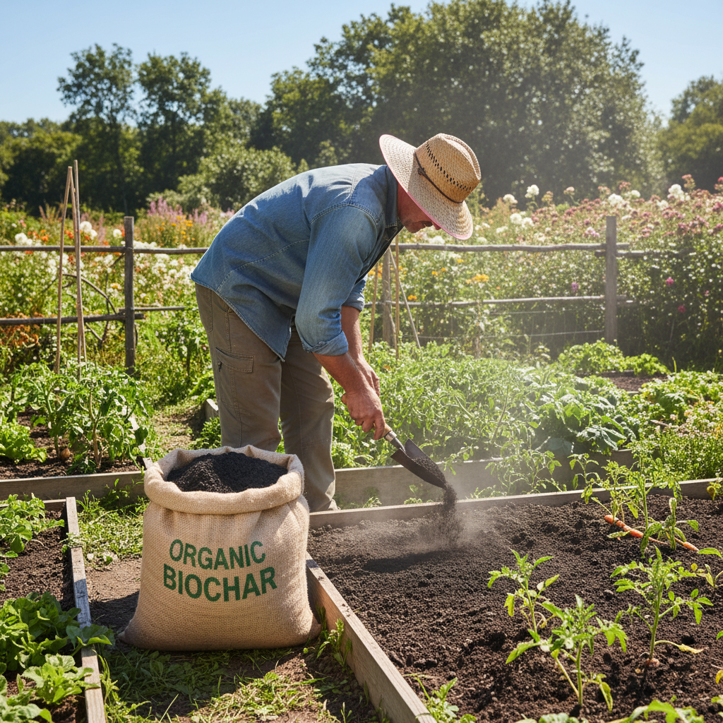 Jardinier appliquant du biochar organique pour amender le sol du jardin