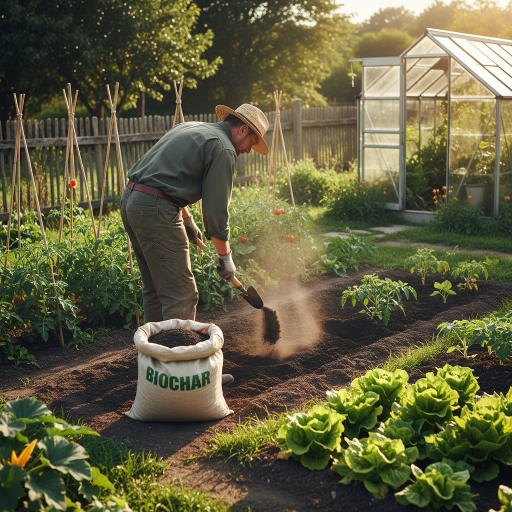Épandage de biochar dans un potager avec serre en arrière-plan