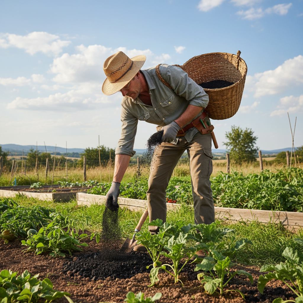 Jardinier qui incorpore du biochar dans son potager