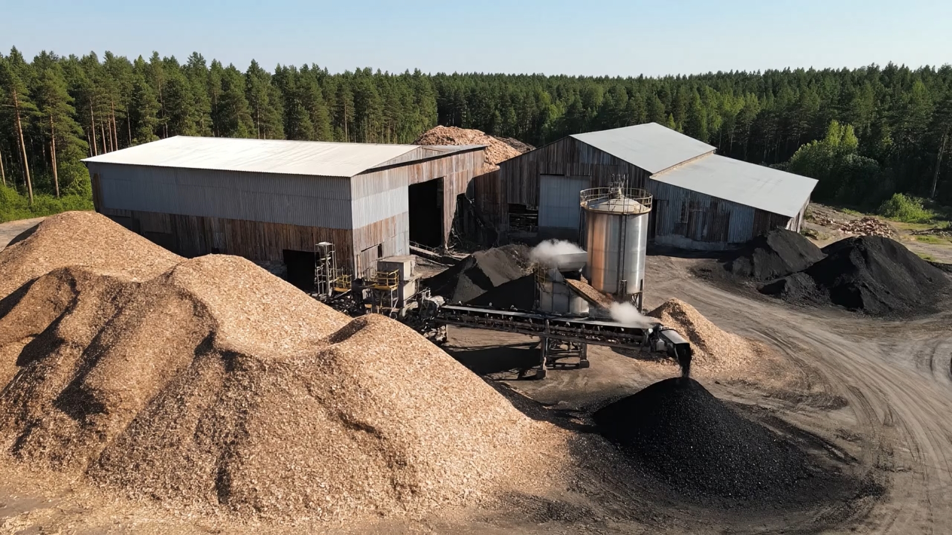 Vue aérienne du site de production de biochar : copeaux de bois à gauche, biochar à droite